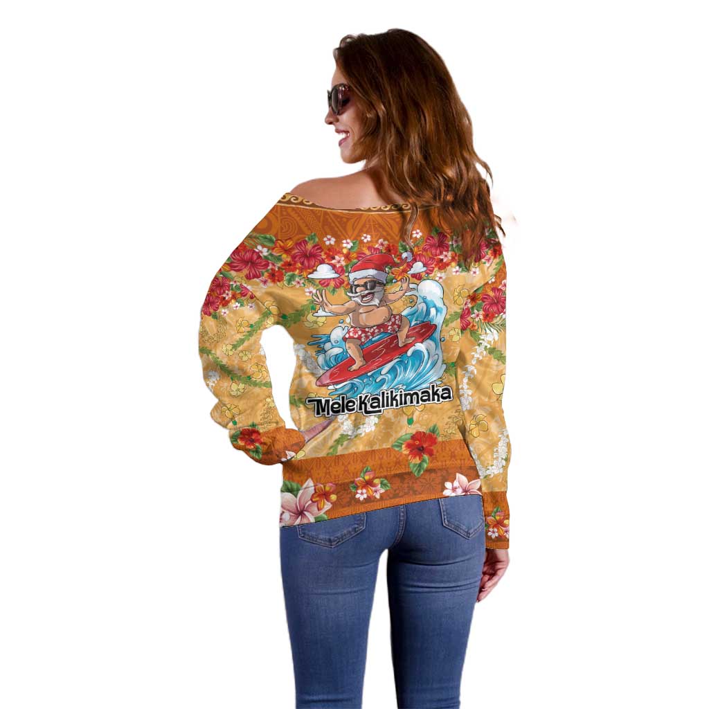 Hawaii Mele Kalikimaka Off Shoulder Sweater Funny Santa Claus Surfing on Tropical Plants - Polynesian Pride