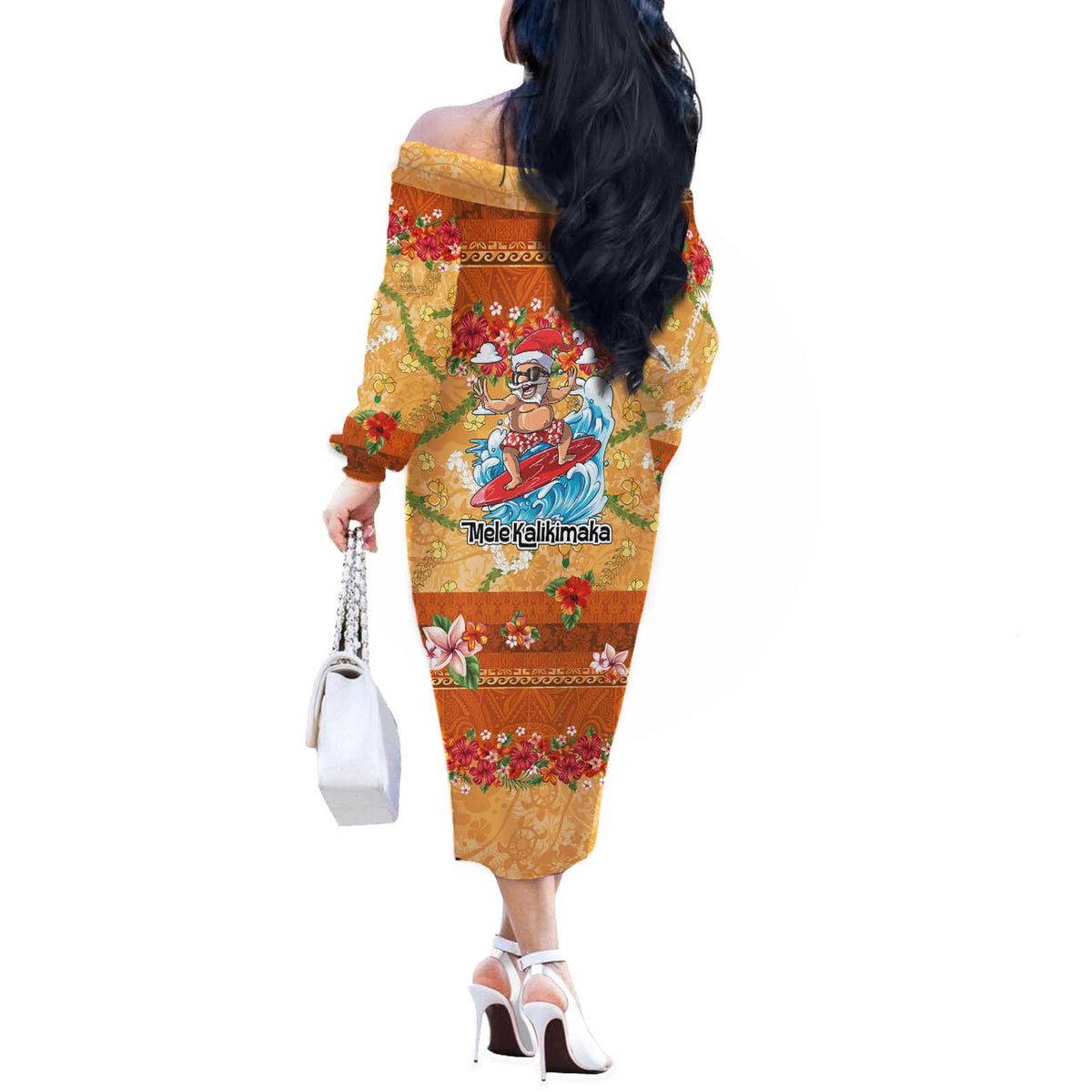 Hawaii Mele Kalikimaka Off The Shoulder Long Sleeve Dress Funny Santa Claus Surfing on Tropical Plants LT03 - Polynesian Pride