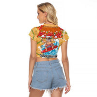 Hawaii Mele Kalikimaka Raglan Cropped T Shirt Funny Santa Claus Surfing on Tropical Plants LT03 - Polynesian Pride