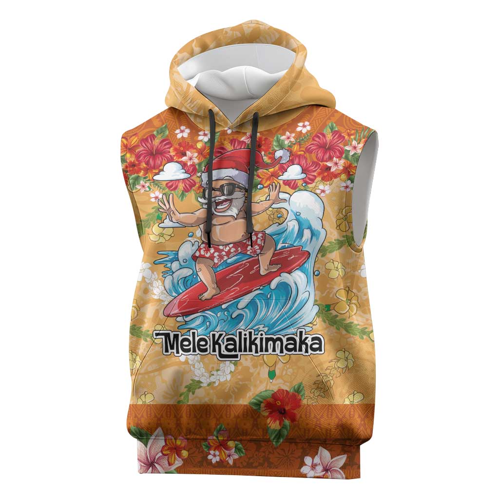 Hawaii Mele Kalikimaka Sleeveless Hoodie Funny Santa Claus Surfing on Tropical Plants LT03 Multicolor - Polynesian Pride