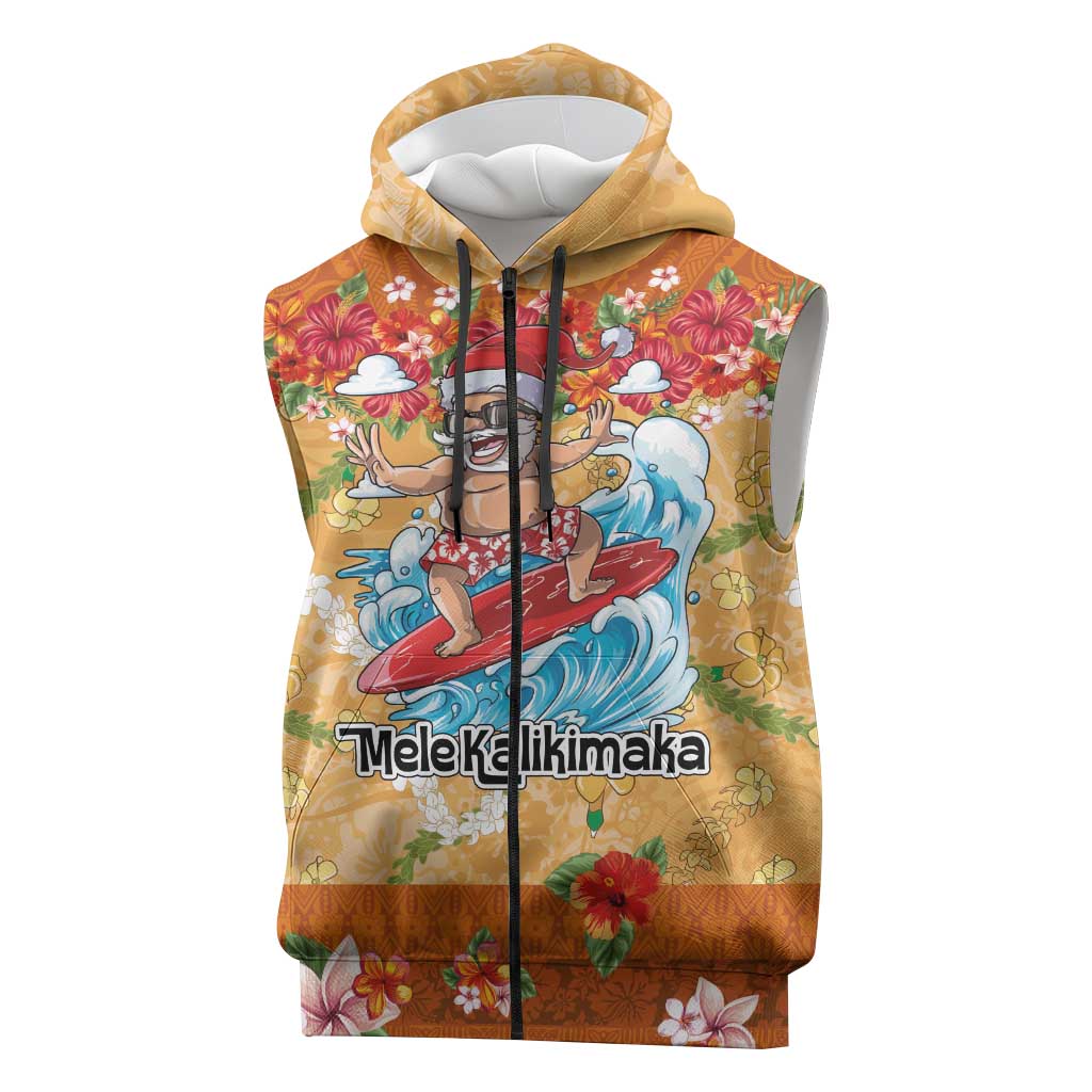 Hawaii Mele Kalikimaka Sleeveless Zip Hoodie Funny Santa Claus Surfing on Tropical Plants LT03 Multicolor - Polynesian Pride