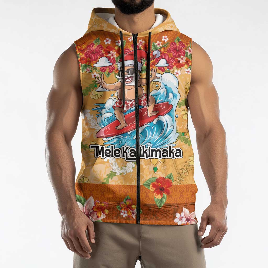 Hawaii Mele Kalikimaka Sleeveless Zip Hoodie Funny Santa Claus Surfing on Tropical Plants LT03 - Polynesian Pride