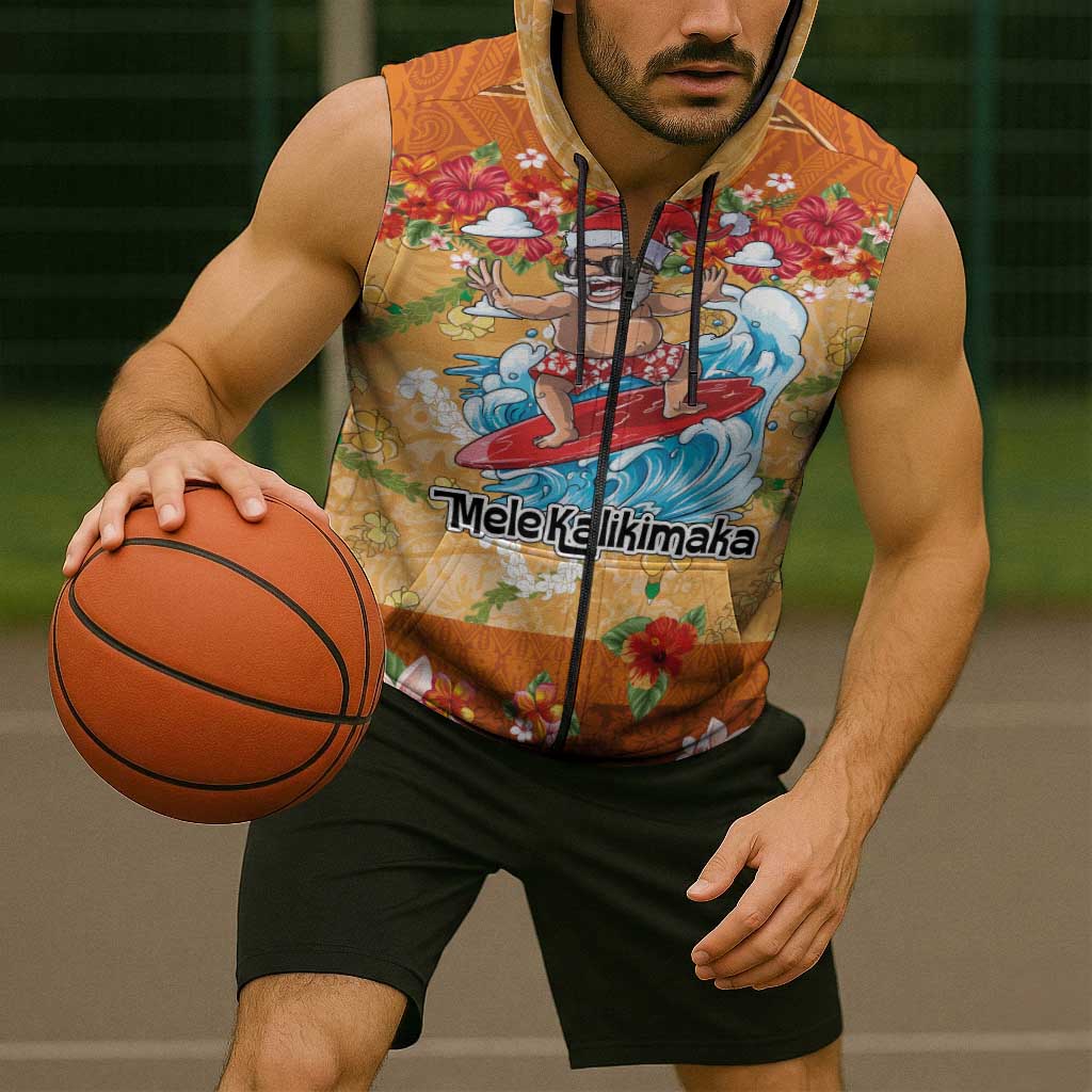Hawaii Mele Kalikimaka Sleeveless Zip Hoodie Funny Santa Claus Surfing on Tropical Plants LT03 - Polynesian Pride