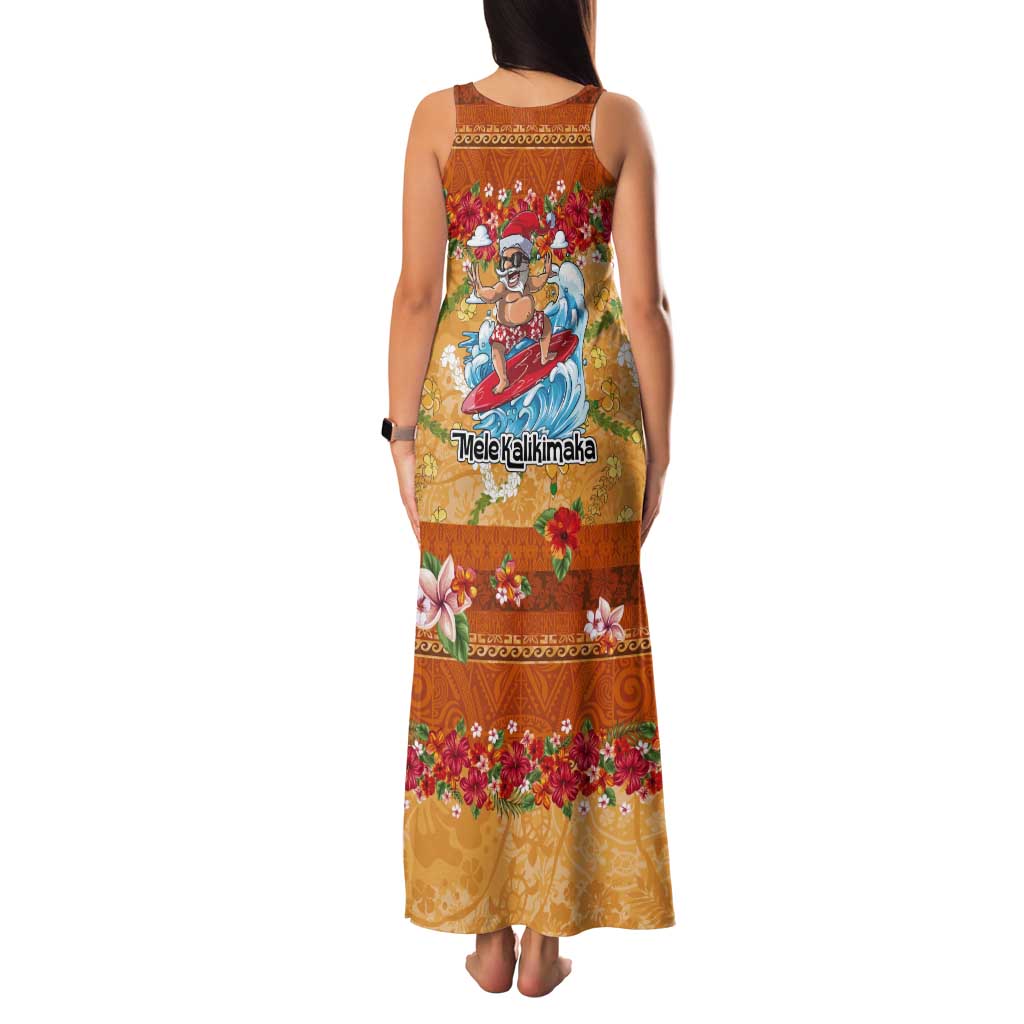 Hawaii Mele Kalikimaka Tank Maxi Dress Funny Santa Claus Surfing on Tropical Plants LT03 - Polynesian Pride