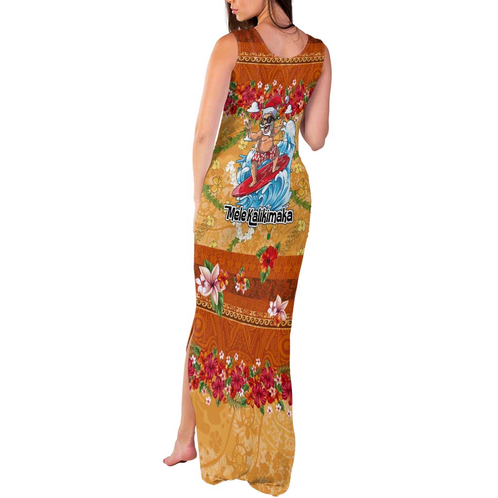 Hawaii Mele Kalikimaka Tank Maxi Dress Funny Santa Claus Surfing on Tropical Plants LT03 - Polynesian Pride