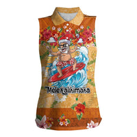 Hawaii Mele Kalikimaka Women Sleeveless Polo Shirt Funny Santa Claus Surfing on Tropical Plants LT03 Female Multicolor - Polynesian Pride