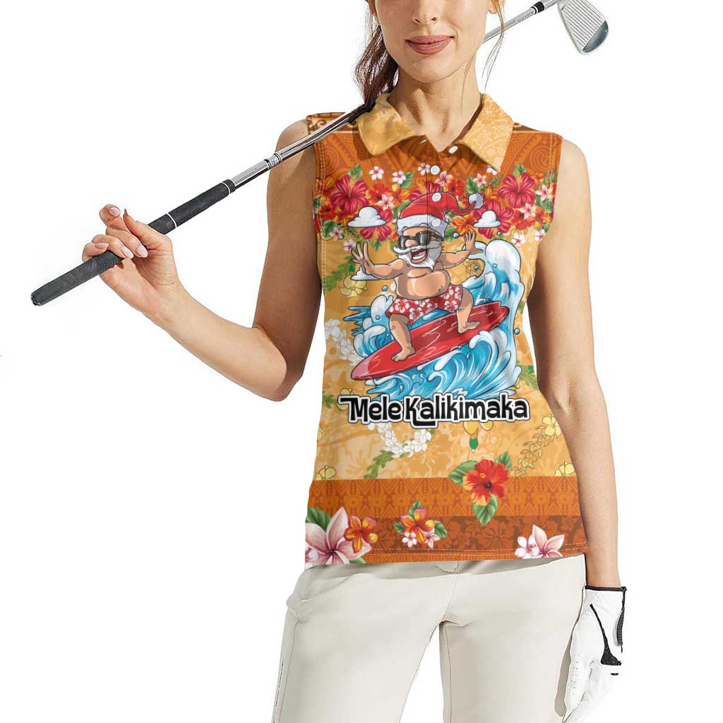 Hawaii Mele Kalikimaka Women Sleeveless Polo Shirt Funny Santa Claus Surfing on Tropical Plants LT03 - Polynesian Pride
