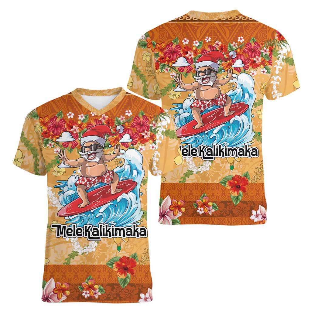 Hawaii Mele Kalikimaka Women V-Neck T-Shirt Funny Santa Claus Surfing on Tropical Plants LT03 - Polynesian Pride