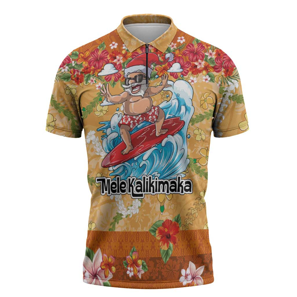 Hawaii Mele Kalikimaka Zipper Polo Shirt Funny Santa Claus Surfing on Tropical Plants LT03 Multicolor - Polynesian Pride
