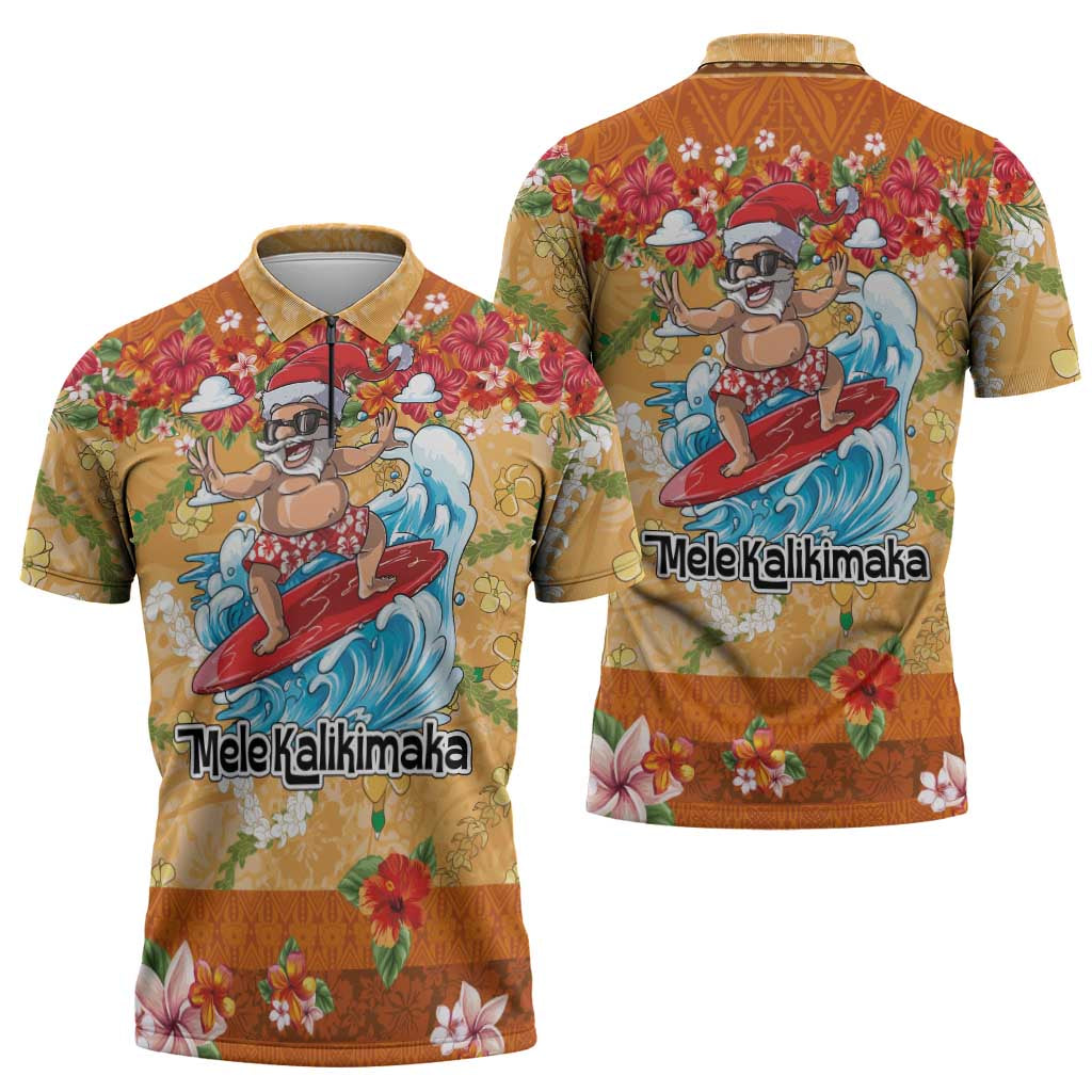 Hawaii Mele Kalikimaka Zipper Polo Shirt Funny Santa Claus Surfing on Tropical Plants LT03 - Polynesian Pride
