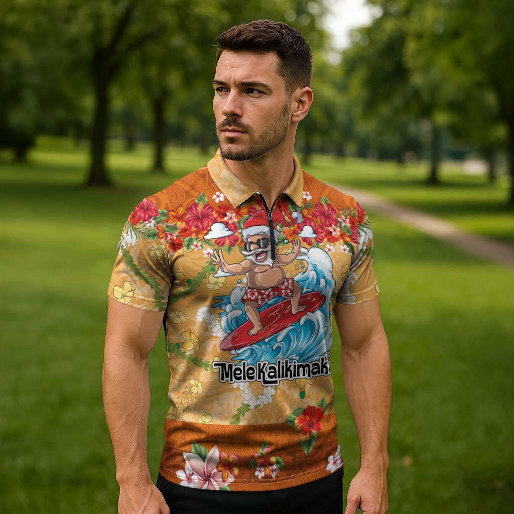 Hawaii Mele Kalikimaka Zipper Polo Shirt Funny Santa Claus Surfing on Tropical Plants LT03 - Polynesian Pride