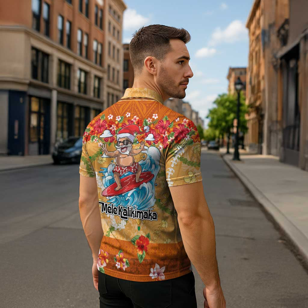 Hawaii Mele Kalikimaka Zipper Polo Shirt Funny Santa Claus Surfing on Tropical Plants LT03 - Polynesian Pride