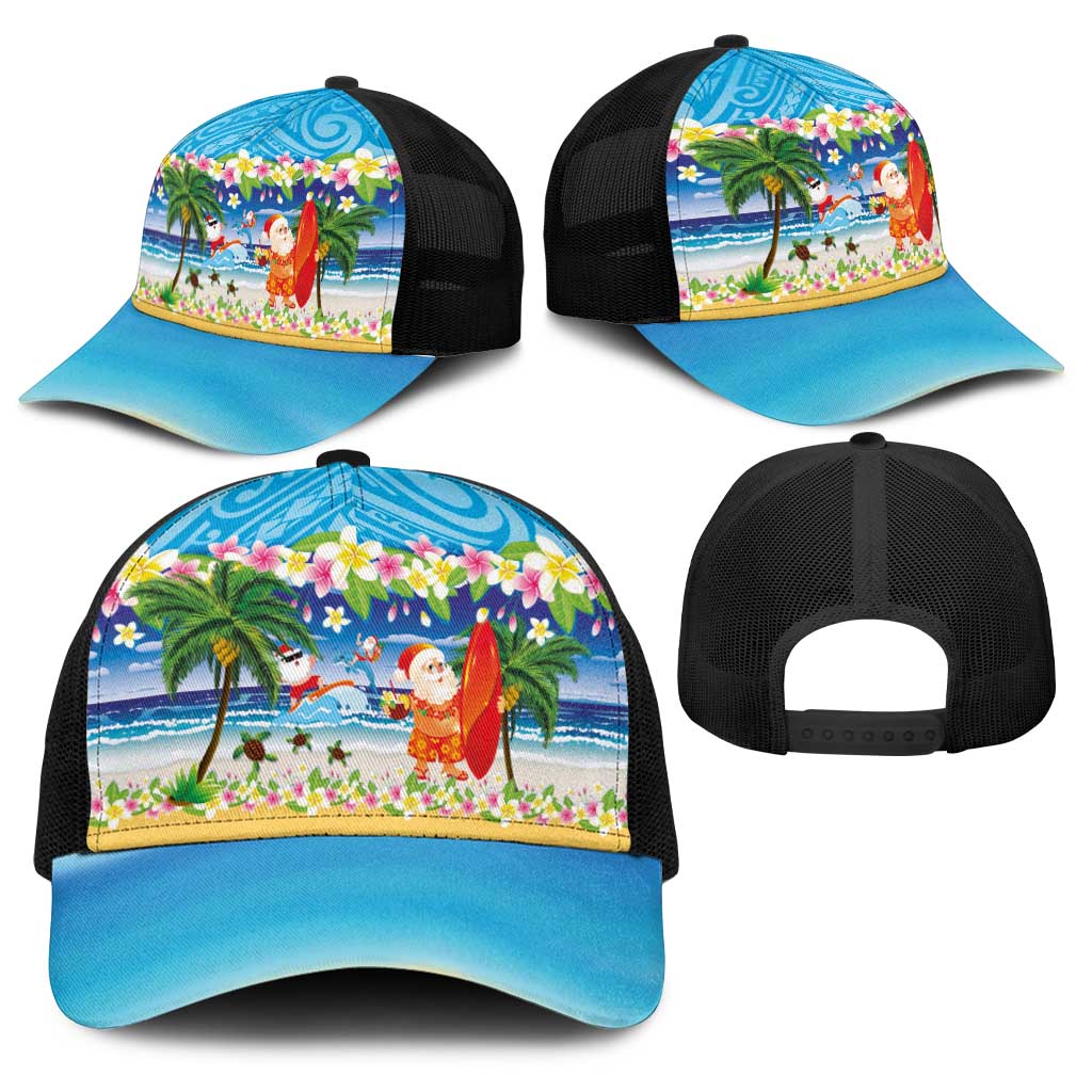 Polynesian Merry Christmas Baseball Net Cap Funny Santa Beach Tropical Plant and Turtle - Polynesian Pride