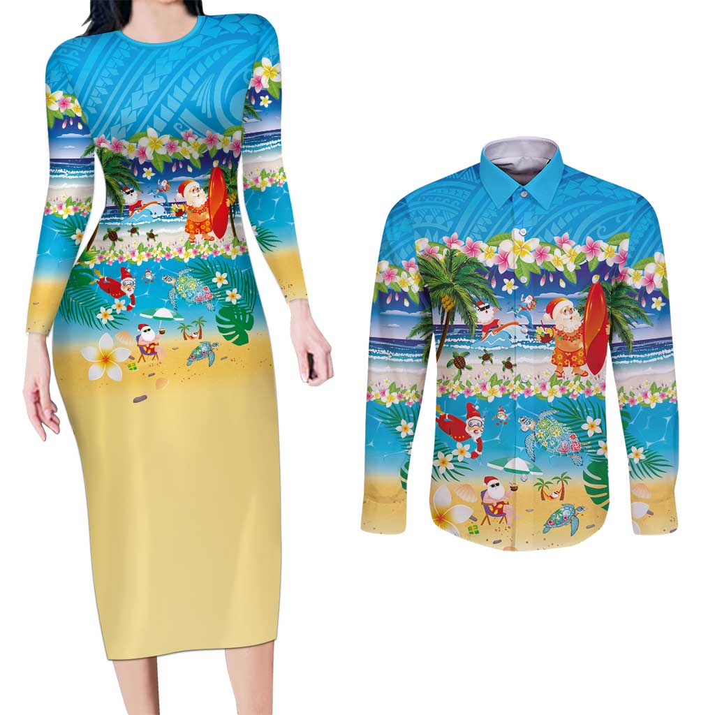 Polynesian Merry Christmas Couples Matching Long Sleeve Bodycon Dress and Long Sleeve Button Shirt Funny Santa Beach Tropical Plant and Turtle LT03 Multicolor - Polynesian Pride