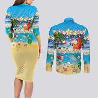 Polynesian Merry Christmas Couples Matching Long Sleeve Bodycon Dress and Long Sleeve Button Shirt Funny Santa Beach Tropical Plant and Turtle LT03 - Polynesian Pride