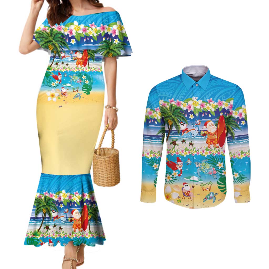 Polynesian Merry Christmas Couples Matching Mermaid Dress and Long Sleeve Button Shirt Funny Santa Beach Tropical Plant and Turtle LT03 Multicolor - Polynesian Pride
