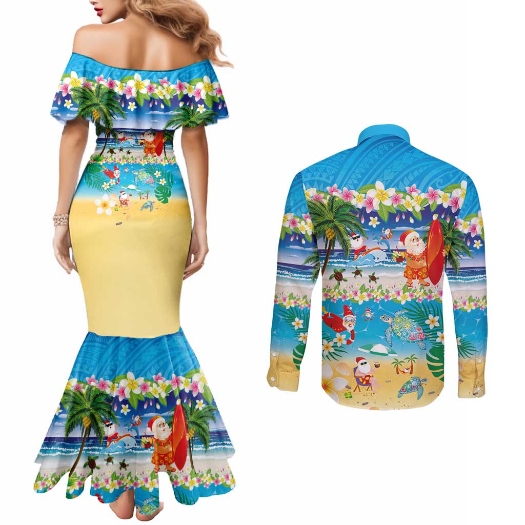 Polynesian Merry Christmas Couples Matching Mermaid Dress and Long Sleeve Button Shirt Funny Santa Beach Tropical Plant and Turtle LT03 - Polynesian Pride