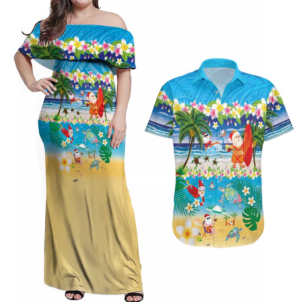 Polynesian Merry Christmas Couples Matching Off Shoulder Maxi Dress and Hawaiian Shirt Funny Santa Beach Tropical Plant and Turtle LT03 Multicolor - Polynesian Pride