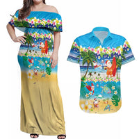 Polynesian Merry Christmas Couples Matching Off Shoulder Maxi Dress and Hawaiian Shirt Funny Santa Beach Tropical Plant and Turtle LT03 Multicolor - Polynesian Pride