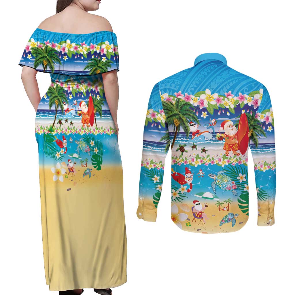 Polynesian Merry Christmas Couples Matching Off Shoulder Maxi Dress and Long Sleeve Button Shirt Funny Santa Beach Tropical Plant and Turtle LT03 - Polynesian Pride