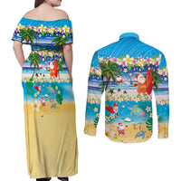 Polynesian Merry Christmas Couples Matching Off Shoulder Maxi Dress and Long Sleeve Button Shirt Funny Santa Beach Tropical Plant and Turtle LT03 - Polynesian Pride