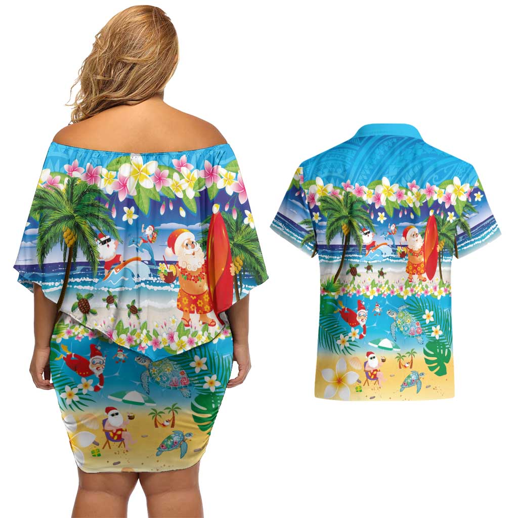 Polynesian Merry Christmas Couples Matching Off Shoulder Short Dress and Hawaiian Shirt Funny Santa Beach Tropical Plant and Turtle LT03 - Polynesian Pride