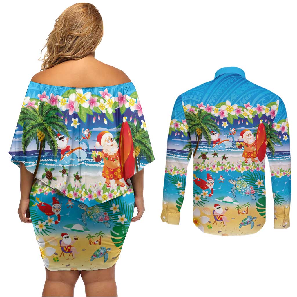 Polynesian Merry Christmas Couples Matching Off Shoulder Short Dress and Long Sleeve Button Shirt Funny Santa Beach Tropical Plant and Turtle LT03 - Polynesian Pride