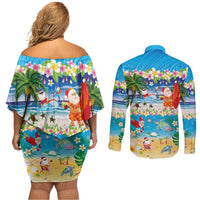 Polynesian Merry Christmas Couples Matching Off Shoulder Short Dress and Long Sleeve Button Shirt Funny Santa Beach Tropical Plant and Turtle LT03 - Polynesian Pride