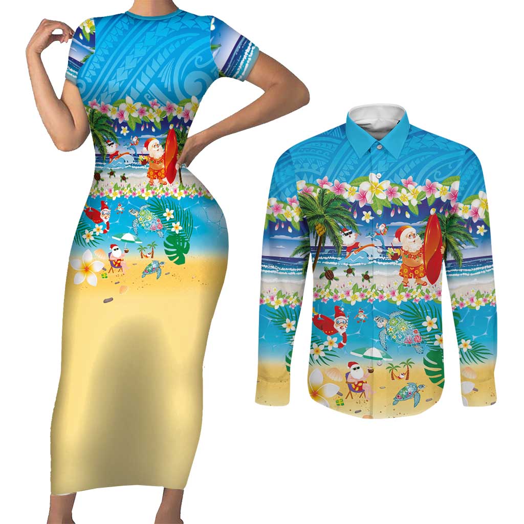 Polynesian Merry Christmas Couples Matching Short Sleeve Bodycon Dress and Long Sleeve Button Shirt Funny Santa Beach Tropical Plant and Turtle LT03 Multicolor - Polynesian Pride