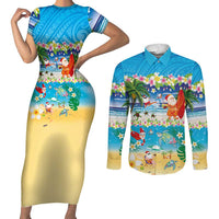 Polynesian Merry Christmas Couples Matching Short Sleeve Bodycon Dress and Long Sleeve Button Shirt Funny Santa Beach Tropical Plant and Turtle LT03 Multicolor - Polynesian Pride