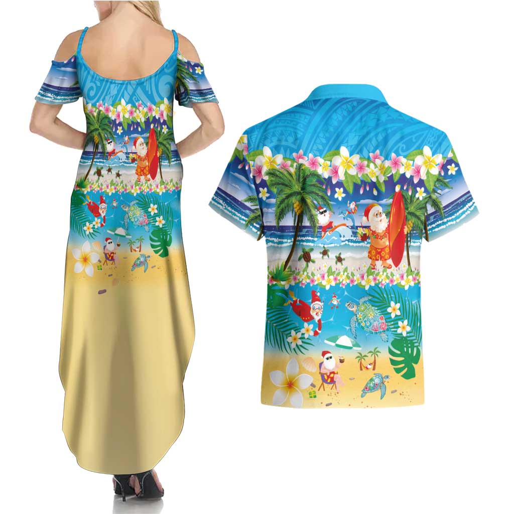 Polynesian Merry Christmas Couples Matching Summer Maxi Dress and Hawaiian Shirt Funny Santa Beach Tropical Plant and Turtle LT03 - Polynesian Pride