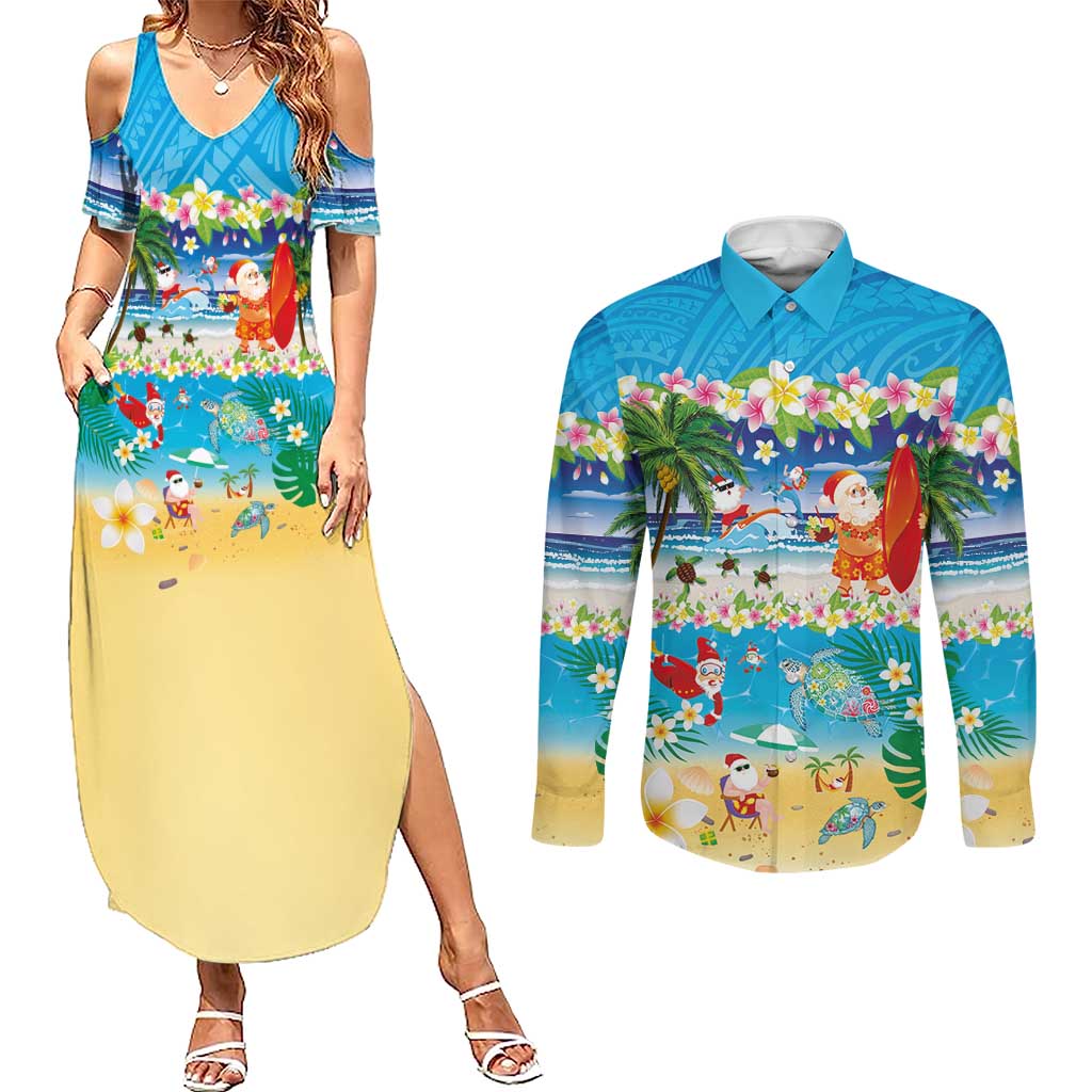 Polynesian Merry Christmas Couples Matching Summer Maxi Dress and Long Sleeve Button Shirt Funny Santa Beach Tropical Plant and Turtle LT03 Multicolor - Polynesian Pride
