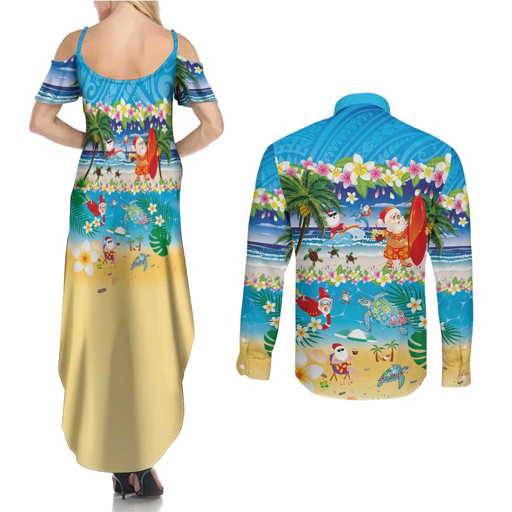 Polynesian Merry Christmas Couples Matching Summer Maxi Dress and Long Sleeve Button Shirt Funny Santa Beach Tropical Plant and Turtle LT03 - Polynesian Pride