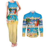 Polynesian Merry Christmas Couples Matching Tank Maxi Dress and Long Sleeve Button Shirt Funny Santa Beach Tropical Plant and Turtle LT03 Multicolor - Polynesian Pride