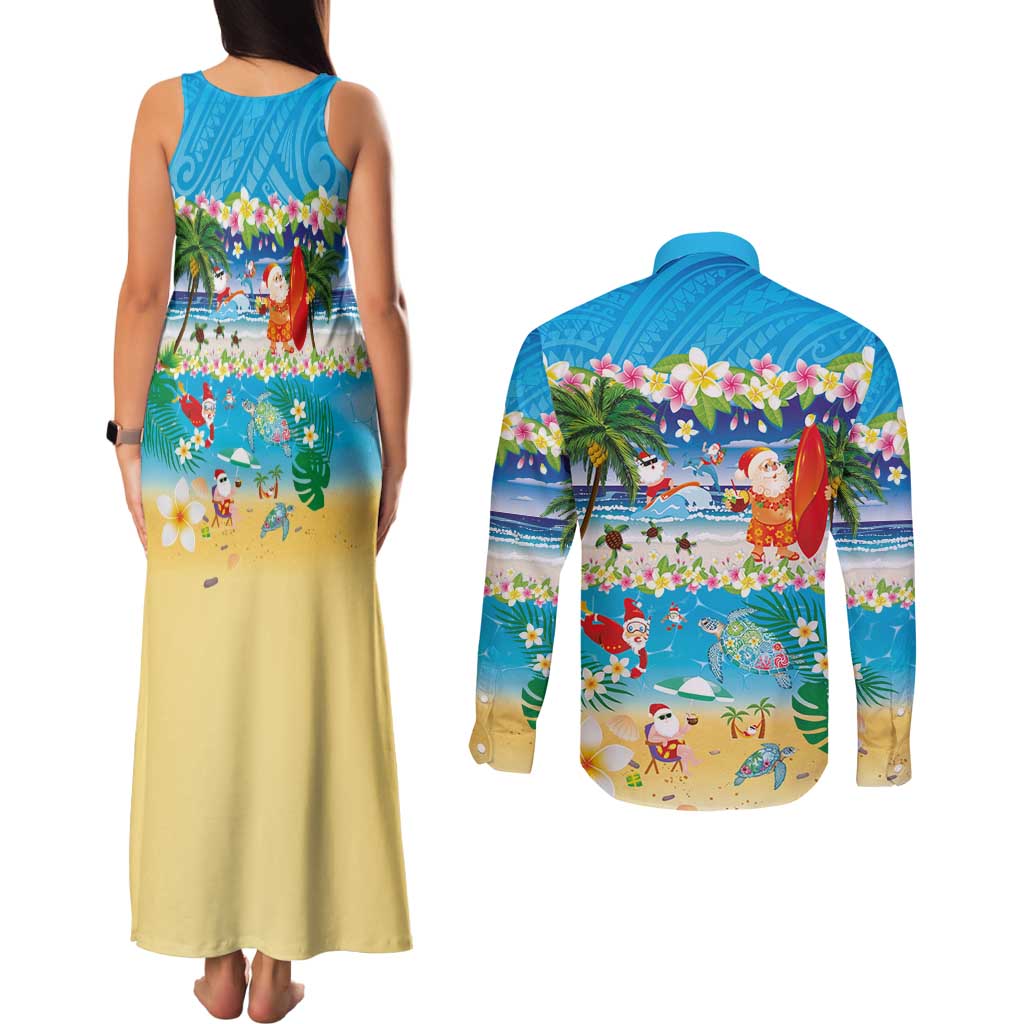 Polynesian Merry Christmas Couples Matching Tank Maxi Dress and Long Sleeve Button Shirt Funny Santa Beach Tropical Plant and Turtle LT03 - Polynesian Pride