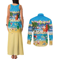 Polynesian Merry Christmas Couples Matching Tank Maxi Dress and Long Sleeve Button Shirt Funny Santa Beach Tropical Plant and Turtle LT03 - Polynesian Pride