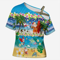 Polynesian Merry Christmas Cross Shoulder Shirt Funny Santa Beach Tropical Plant and Turtle - Polynesian Pride
