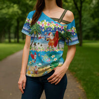 Polynesian Merry Christmas Cross Shoulder Shirt Funny Santa Beach Tropical Plant and Turtle - Polynesian Pride