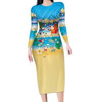Polynesian Merry Christmas Family Matching Long Sleeve Bodycon Dress and Hawaiian Shirt Funny Santa Beach Tropical Plant and Turtle LT03 Mom's Dress Multicolor - Polynesian Pride