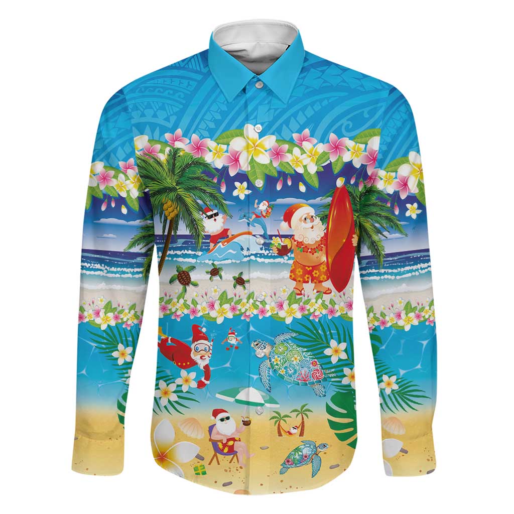 Polynesian Merry Christmas Family Matching Mermaid Dress and Hawaiian Shirt Funny Santa Beach Tropical Plant and Turtle LT03 Dad's Shirt - Long Sleeve Multicolor - Polynesian Pride