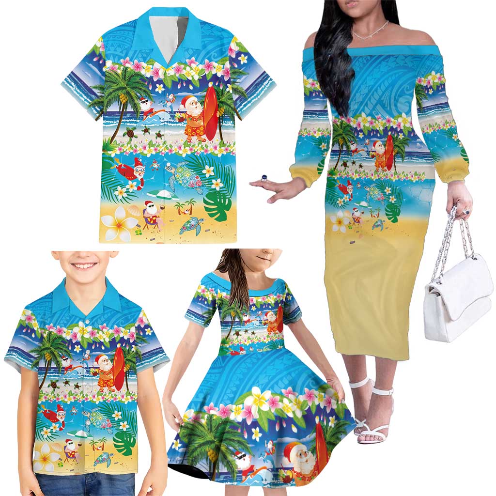 Polynesian Merry Christmas Family Matching Off The Shoulder Long Sleeve Dress and Hawaiian Shirt Funny Santa Beach Tropical Plant and Turtle - Polynesian Pride