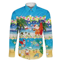 Polynesian Merry Christmas Family Matching Off The Shoulder Long Sleeve Dress and Hawaiian Shirt Funny Santa Beach Tropical Plant and Turtle LT03 Dad's Shirt - Long Sleeve Multicolor - Polynesian Pride