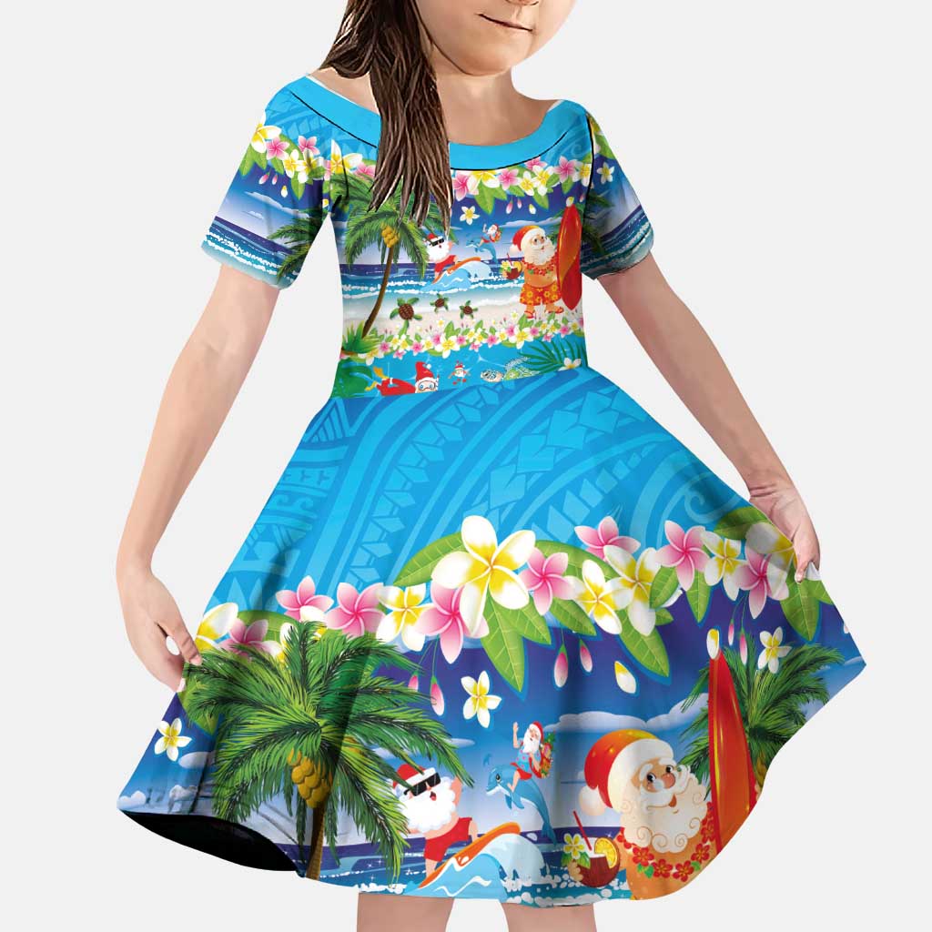 Polynesian Merry Christmas Family Matching Off Shoulder Short Dress and Hawaiian Shirt Funny Santa Beach Tropical Plant and Turtle LT03 Daughter's Dress Multicolor - Polynesian Pride
