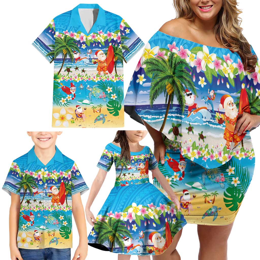 Polynesian Merry Christmas Family Matching Off Shoulder Short Dress and Hawaiian Shirt Funny Santa Beach Tropical Plant and Turtle LT03 - Polynesian Pride