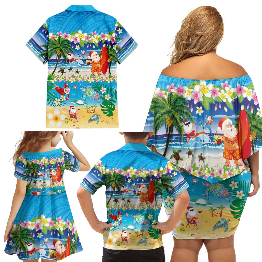 Polynesian Merry Christmas Family Matching Off Shoulder Short Dress and Hawaiian Shirt Funny Santa Beach Tropical Plant and Turtle LT03 - Polynesian Pride