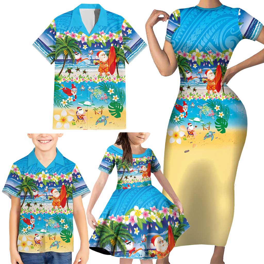 Polynesian Merry Christmas Family Matching Short Sleeve Bodycon Dress and Hawaiian Shirt Funny Santa Beach Tropical Plant and Turtle LT03 - Polynesian Pride