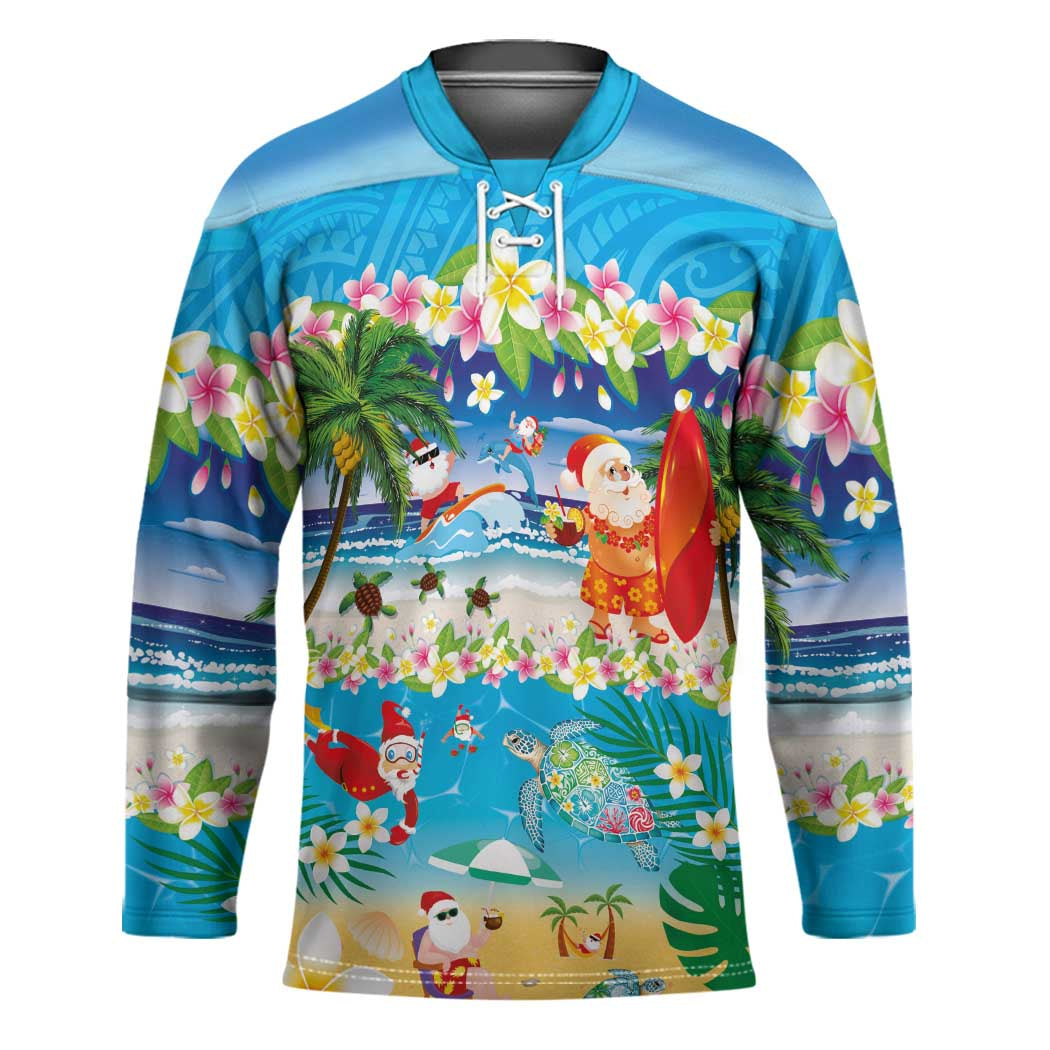 Polynesian Merry Christmas Hockey Jersey Funny Santa Beach Tropical Plant and Turtle - Polynesian Pride
