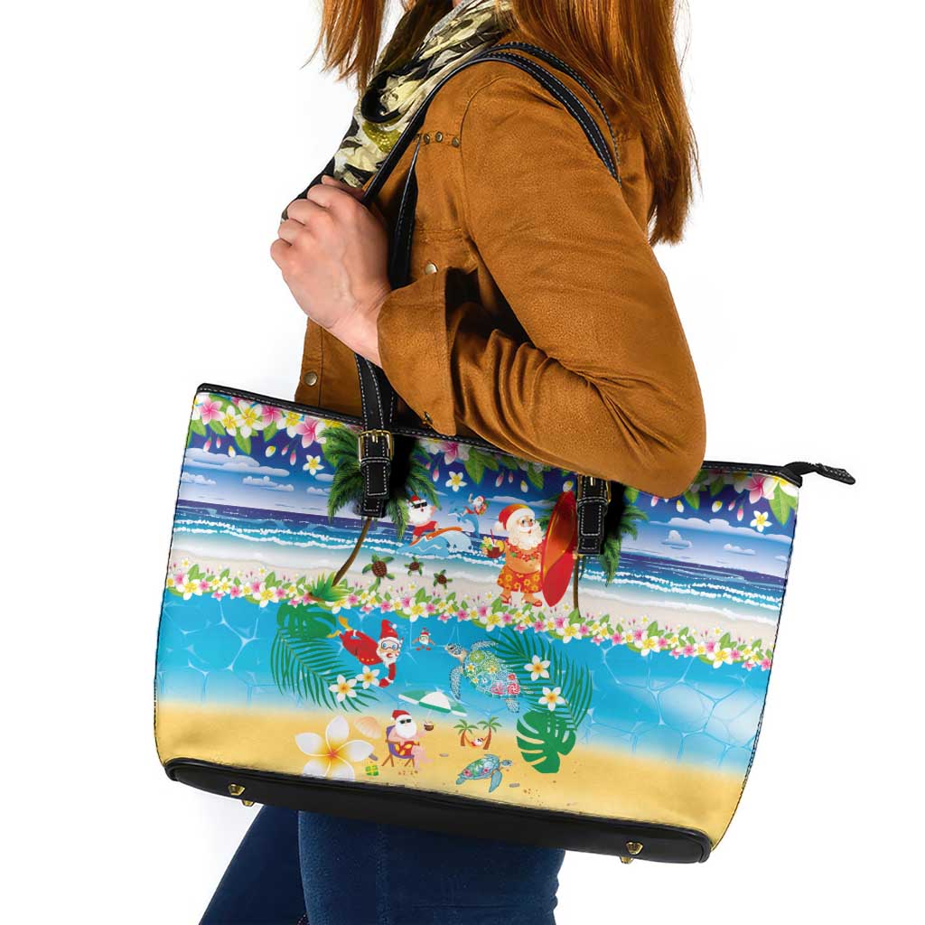 Polynesian Merry Christmas Leather Tote Bag Funny Santa Beach Tropical Plant and Turtle LT03 Multicolor - Polynesian Pride
