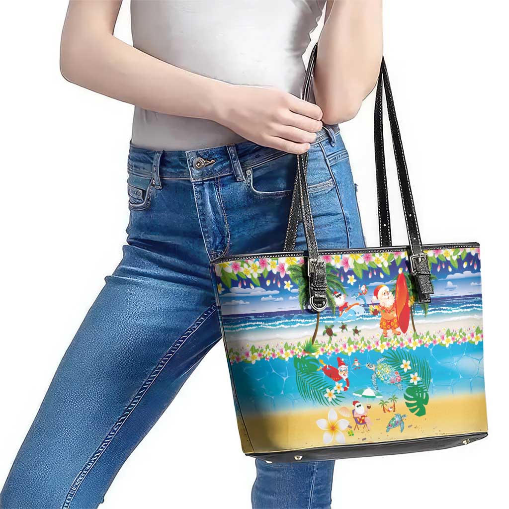 Polynesian Merry Christmas Leather Tote Bag Funny Santa Beach Tropical Plant and Turtle LT03 - Polynesian Pride