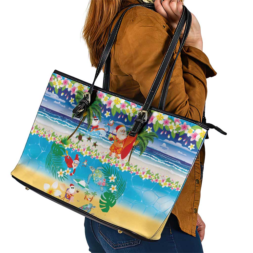 Polynesian Merry Christmas Leather Tote Bag Funny Santa Beach Tropical Plant and Turtle LT03 - Polynesian Pride